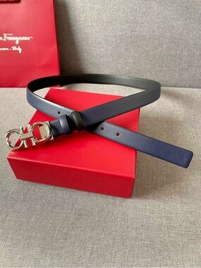 Salvatore Ferragamo Navy Leather Belt with Silver Double Gancini Buckle